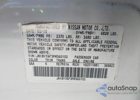 2015 Infiniti Q50 from USA, damaged, VIN JN1BV7AP3FM340102